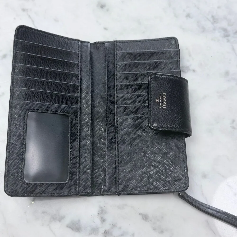 Fossil Black Bi-fold Snap Closure Zipper Pocket Leather Wallet